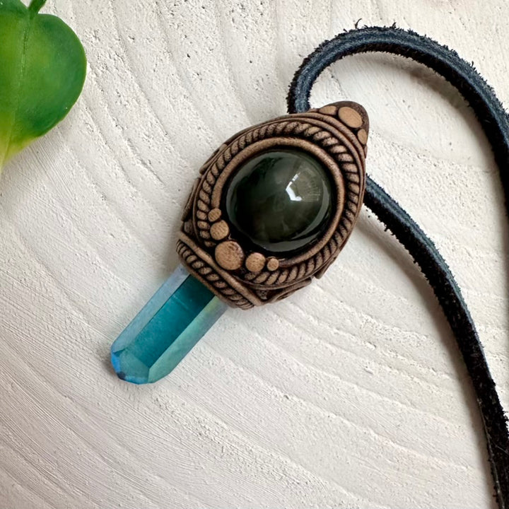 Boho necklace featuring Aqua Aura Quartz and Rainbow Obsidian