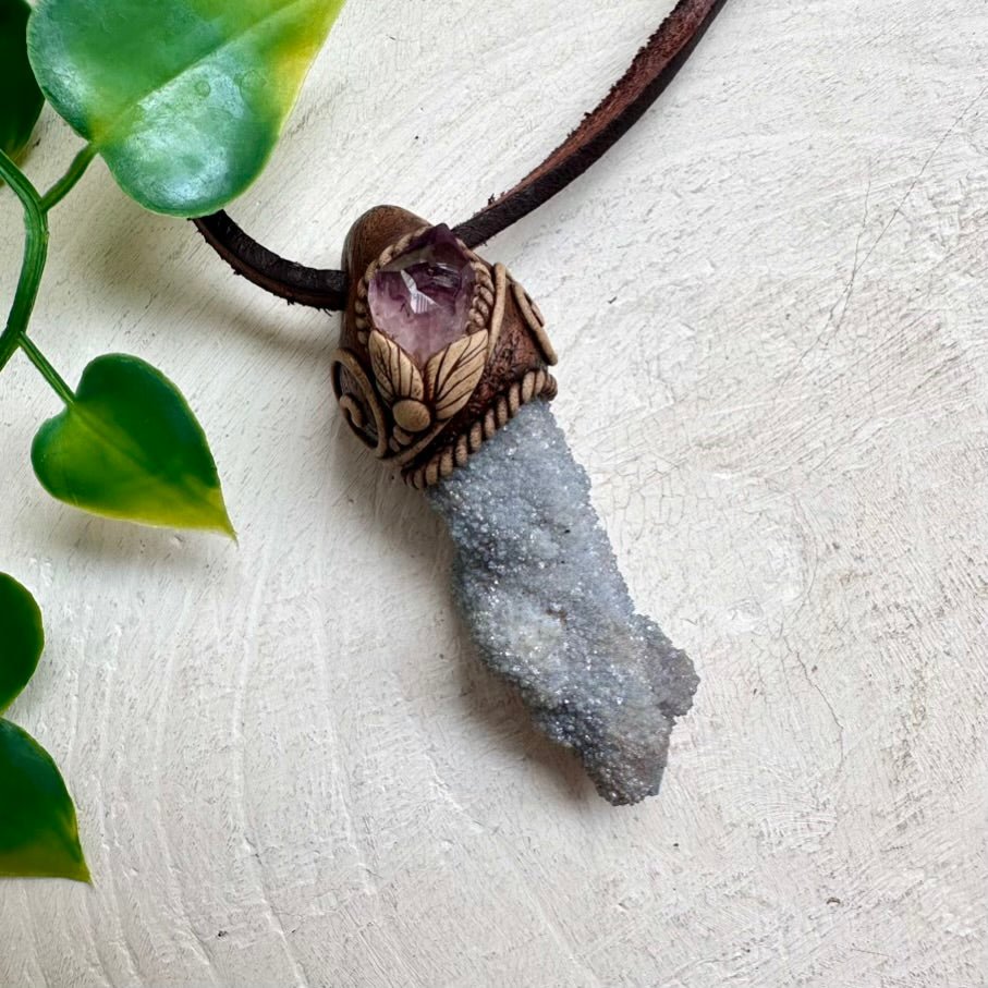 Aqua Aura Spirit Quartz and Raw Amethyst Pendant Necklace - FairyGardenGlow