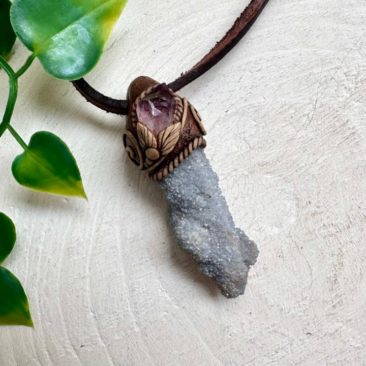 Aqua Aura Spirit Quartz and Raw Amethyst Pendant Necklace - FairyGardenGlow