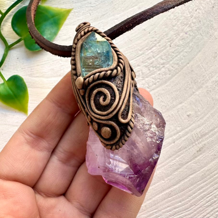 Handcrafted necklace with raw Amethyst and Aqua Aura Quartz