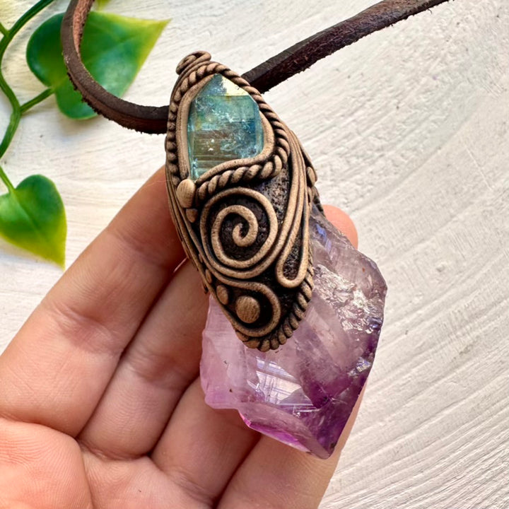 Handcrafted necklace with raw Amethyst and Aqua Aura Quartz
