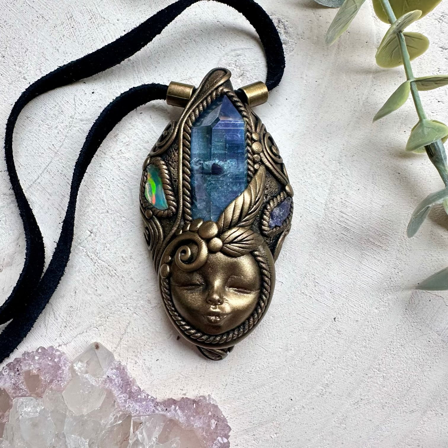 Aqua aura quartz with raw tanzanite and raw Ethiopian opal goddess necklace