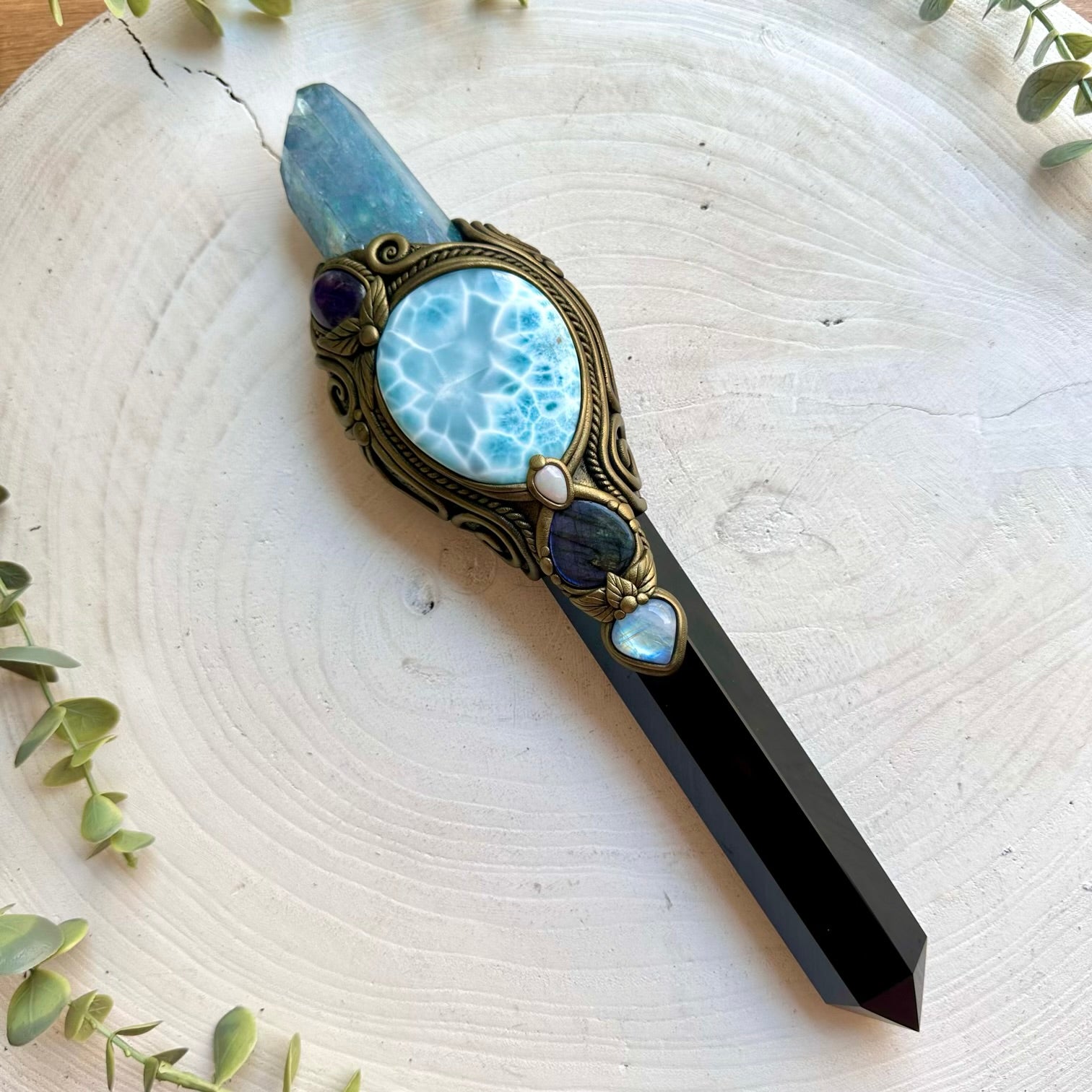 XL energy wand made with Black Obsidian, Aqua Aura Quartz, Labradorite and Rainbow Moonstone.