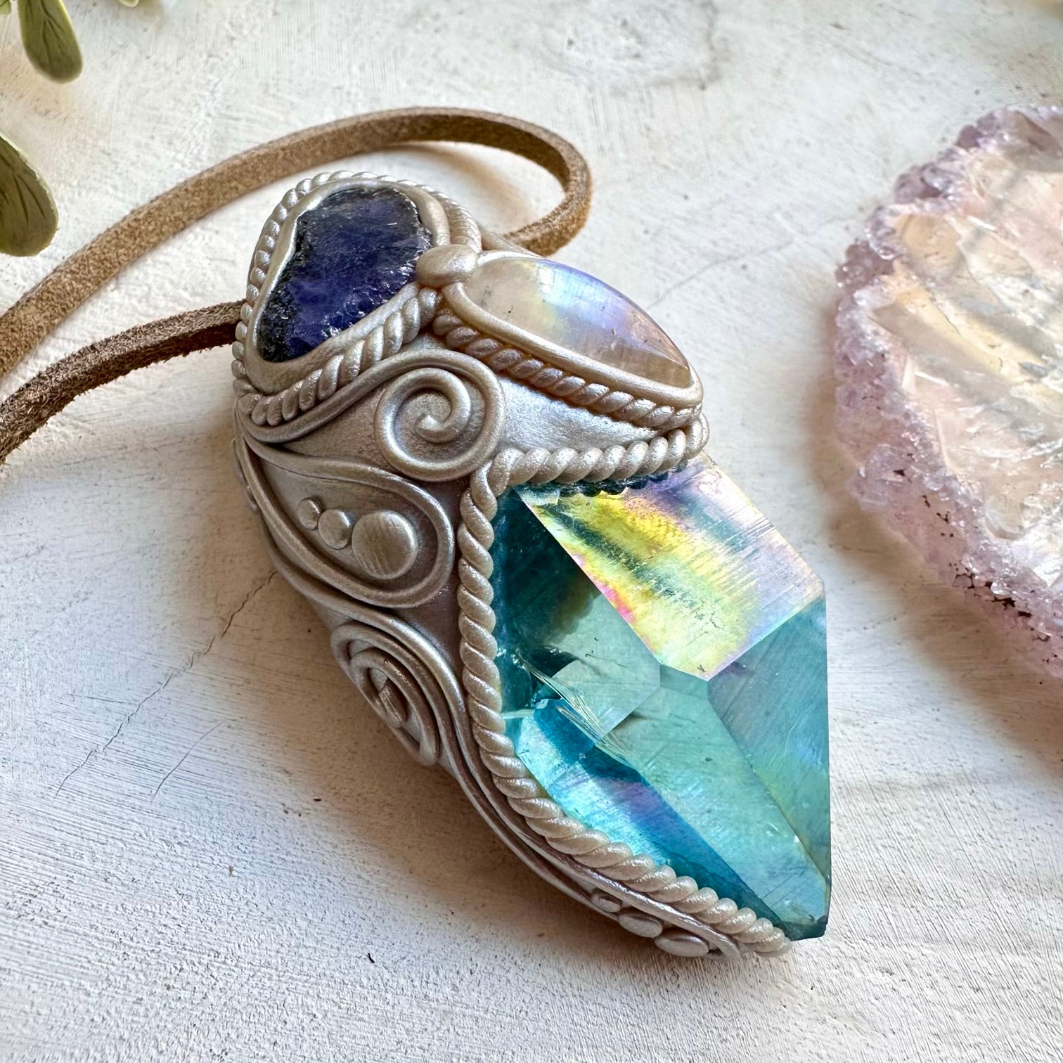 Natural gemstone necklace with rainbow moonstone and tanzanite