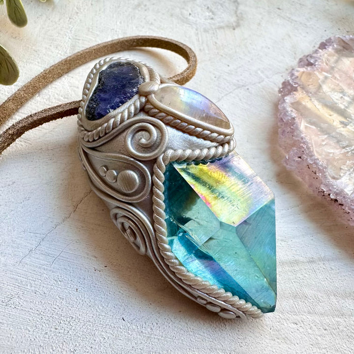 Natural gemstone necklace with rainbow moonstone and tanzanite