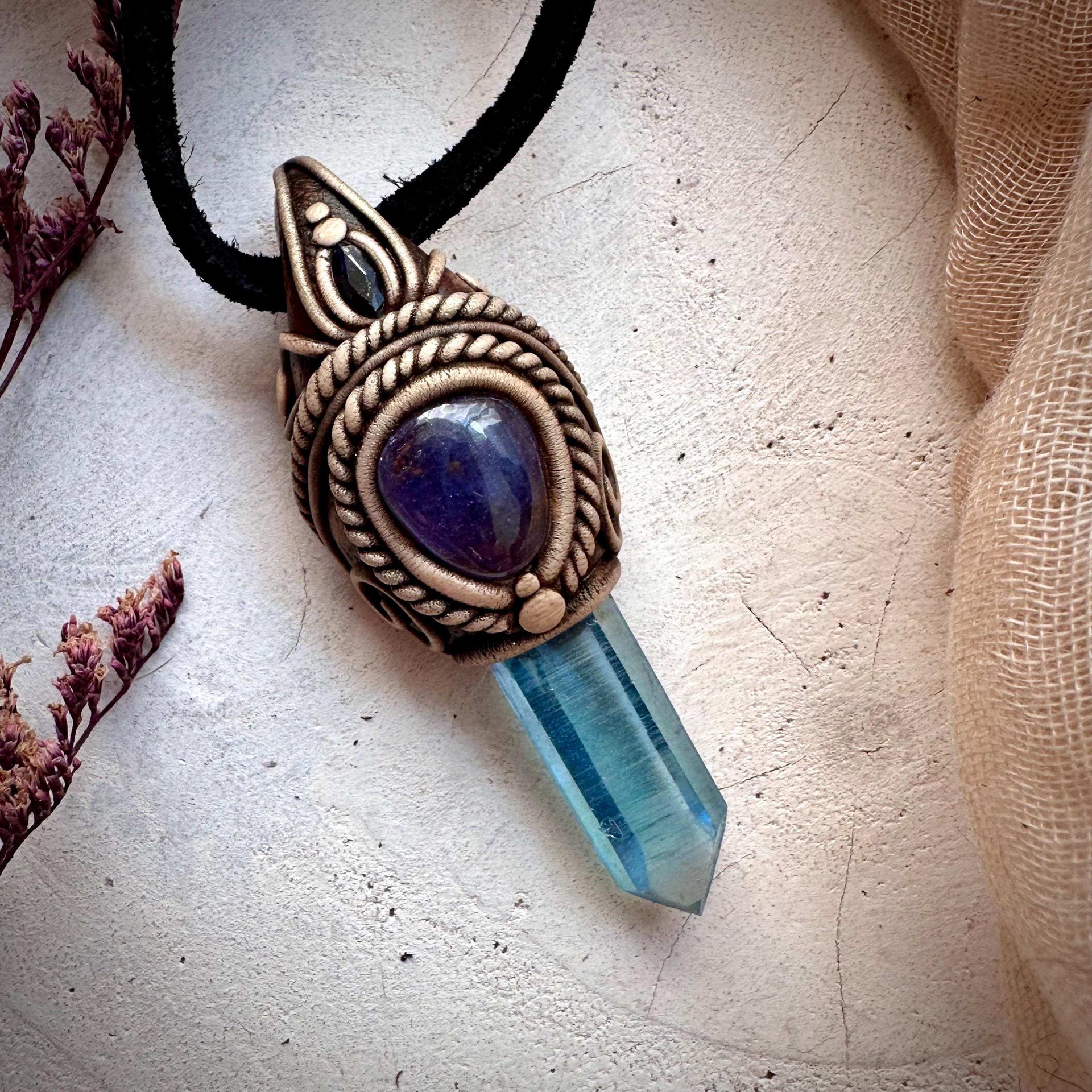 Aqua Aura Quartz Tanzanite and Blue Sapphire Necklace - FairyGardenGlow