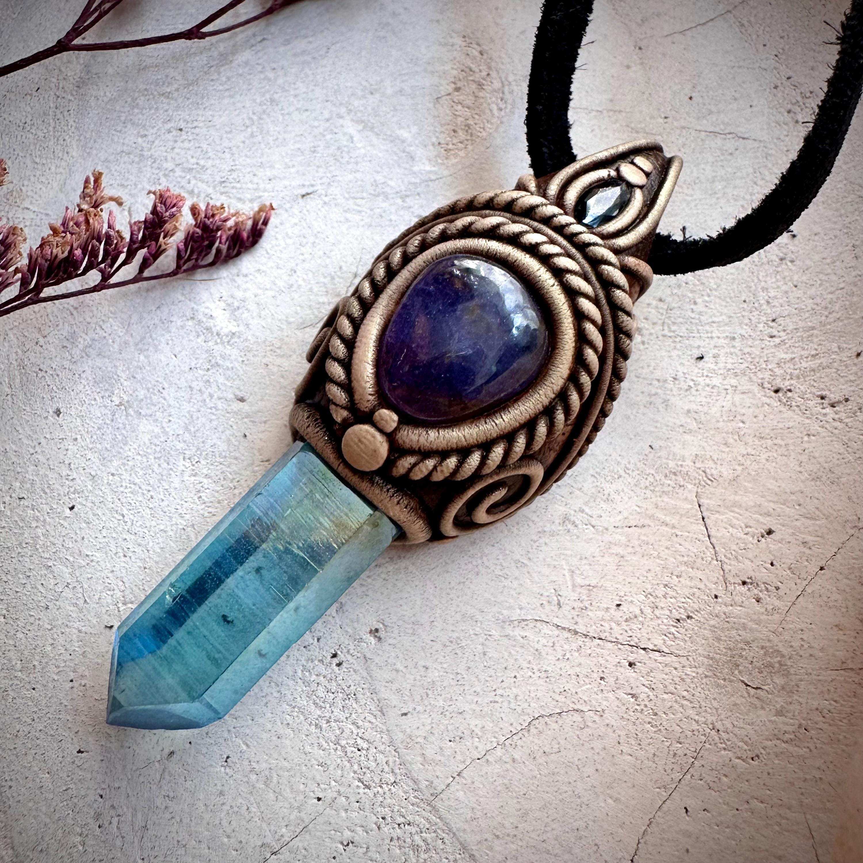 Aqua Aura Quartz Tanzanite and Blue Sapphire Necklace - FairyGardenGlow
