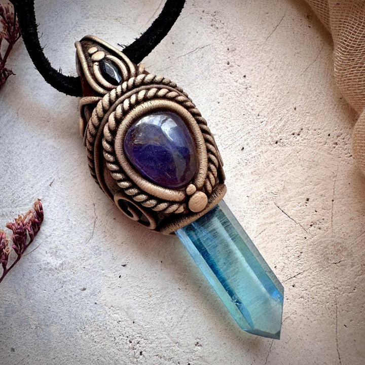 Aqua Aura Quartz Tanzanite and Blue Sapphire Necklace - FairyGardenGlow