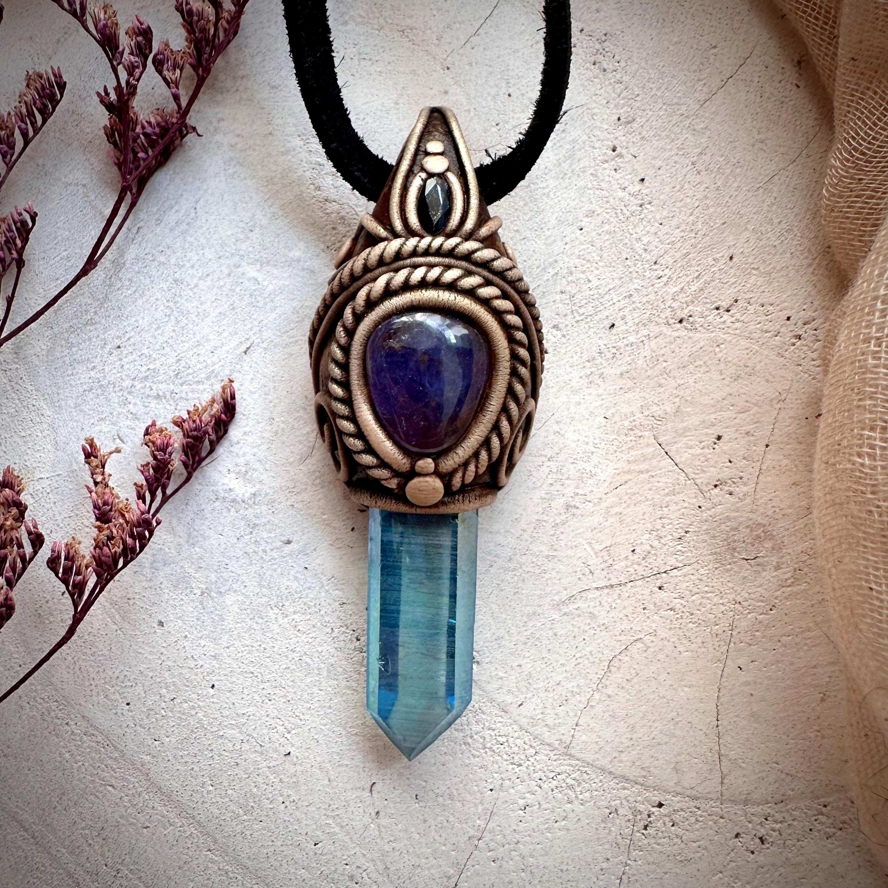 Aqua Aura Quartz Tanzanite and Blue Sapphire Necklace - FairyGardenGlow