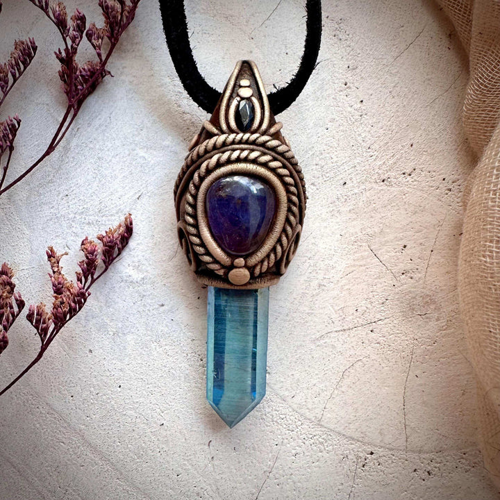 Aqua Aura Quartz Tanzanite and Blue Sapphire Necklace - FairyGardenGlow
