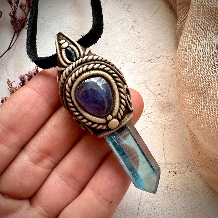 Aqua Aura Quartz Tanzanite and Blue Sapphire Necklace - FairyGardenGlow