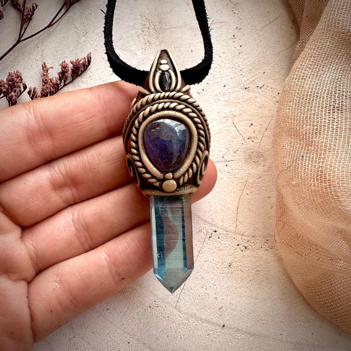 Aqua Aura Quartz Tanzanite and Blue Sapphire Necklace - FairyGardenGlow