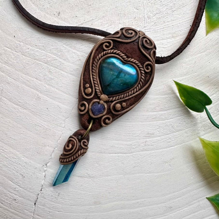Labradorite Aqua Aura Quartz and Tanzanite Necklace, Handmade Boho Pendant - FairyGardenGlow