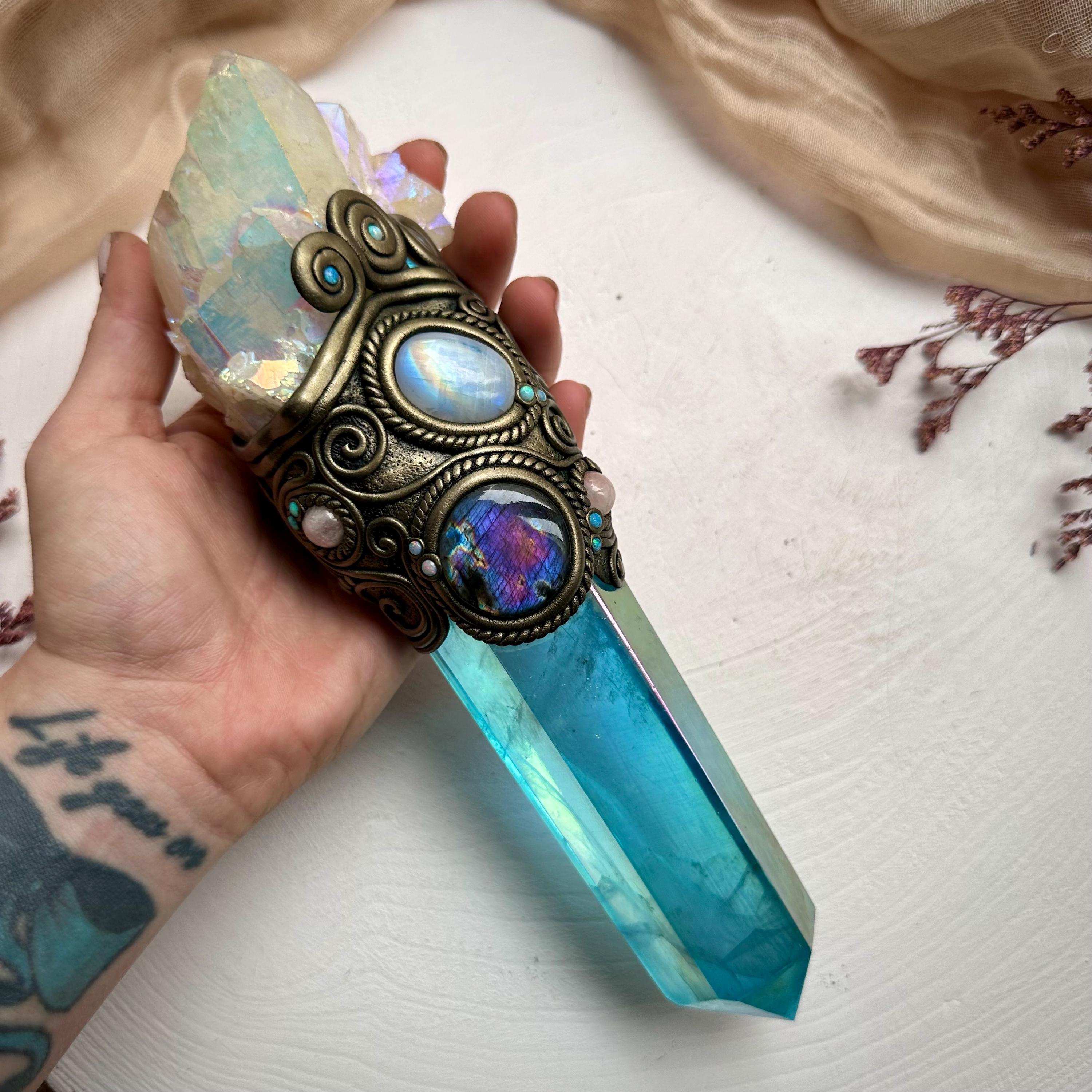 Aqua Aura Quartz Wand, Angel Aura Quartz Cluster Rainbow Moonstone Labradorite Australian Opal and Morganite Wand - FairyGardenGlow