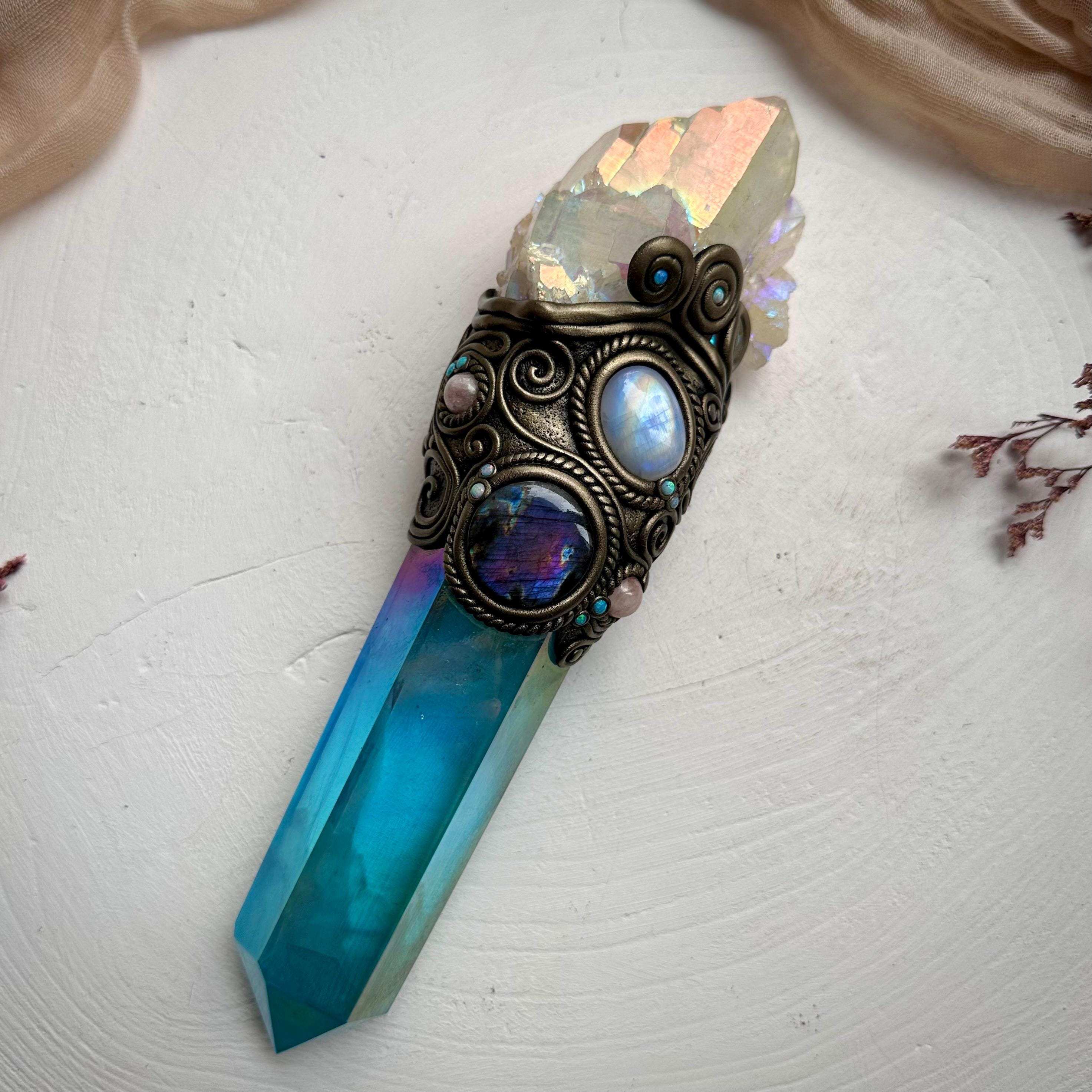 Aqua Aura Quartz Wand, Angel Aura Quartz Cluster Rainbow Moonstone Labradorite Australian Opal and Morganite Wand - FairyGardenGlow