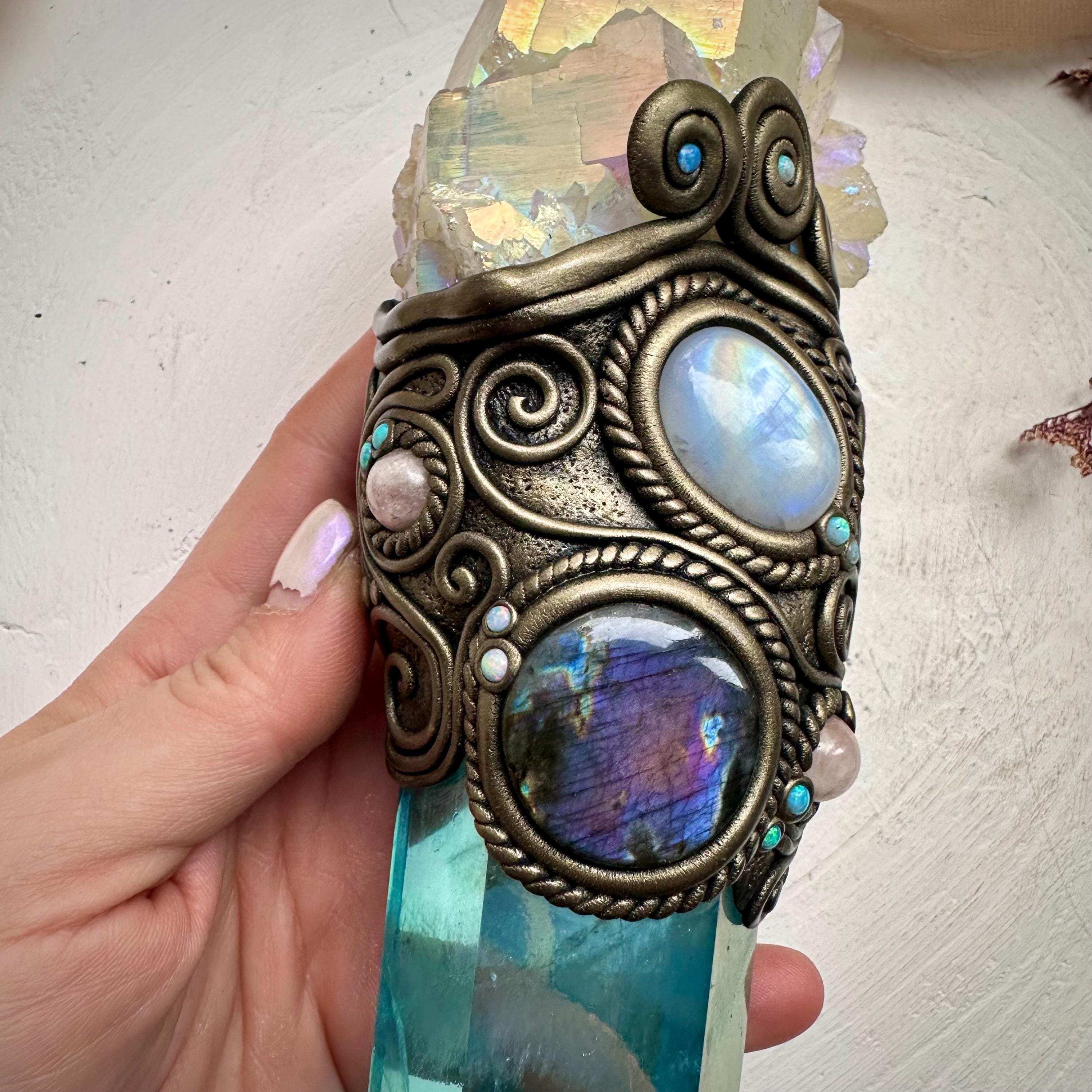 Aqua Aura Quartz Wand, Angel Aura Quartz Cluster Rainbow Moonstone Labradorite Australian Opal and Morganite Wand - FairyGardenGlow