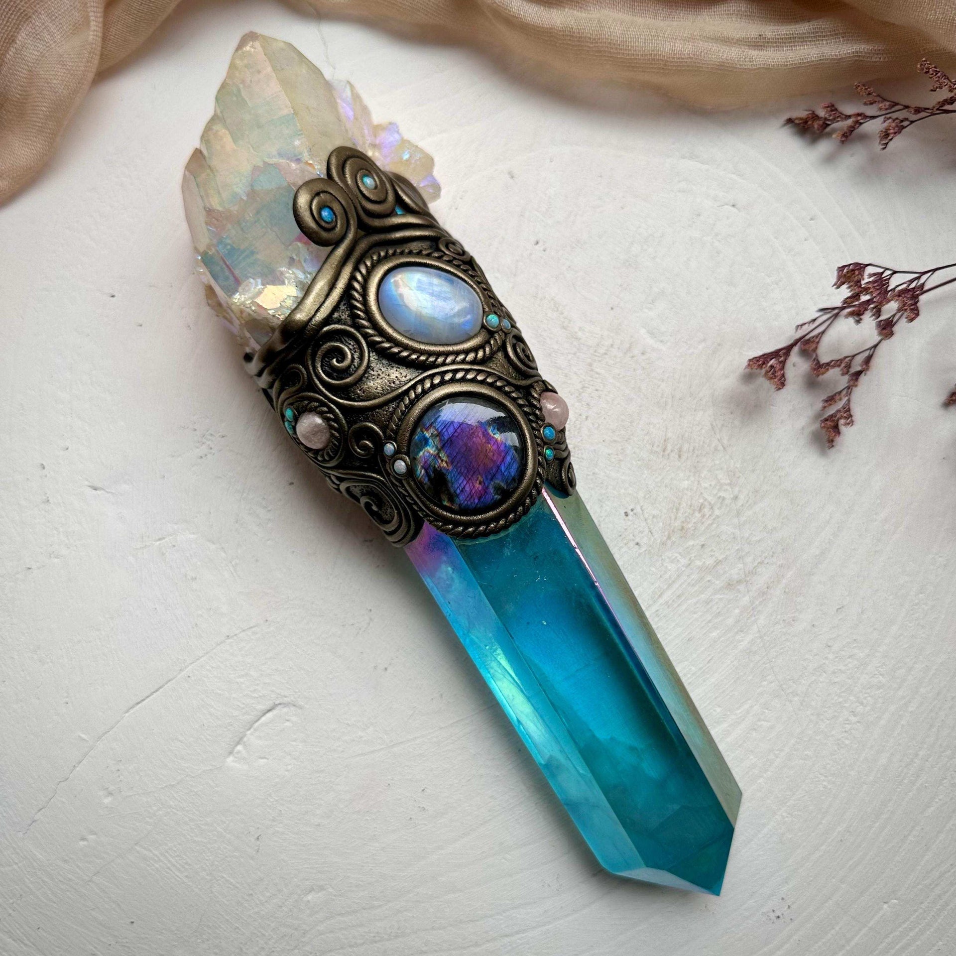 Aqua Aura Quartz Wand, Angel Aura Quartz Cluster Rainbow Moonstone Labradorite Australian Opal and Morganite Wand - FairyGardenGlow