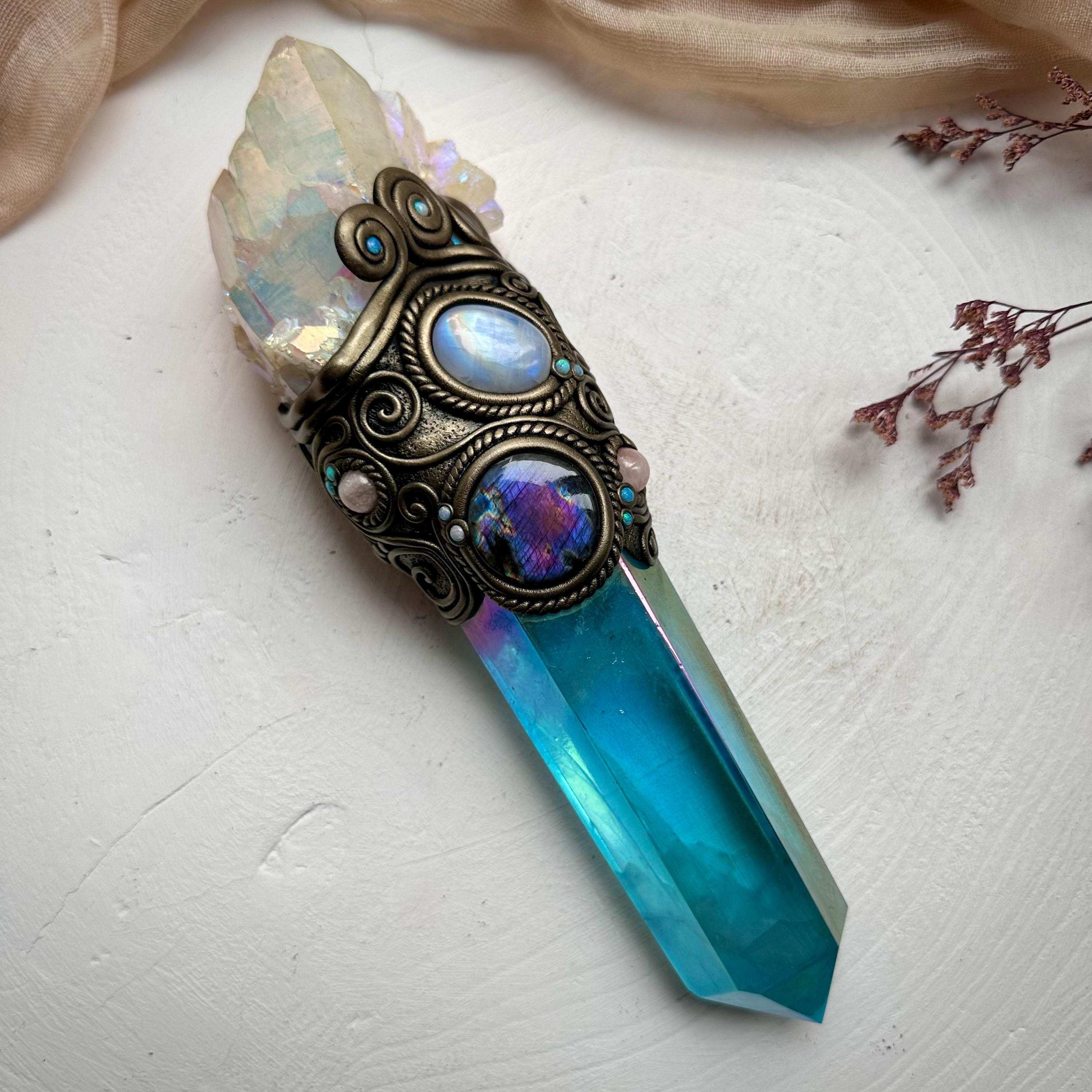 Aqua Aura Quartz Wand, Angel Aura Quartz Cluster Rainbow Moonstone Labradorite Australian Opal and Morganite Wand - FairyGardenGlow