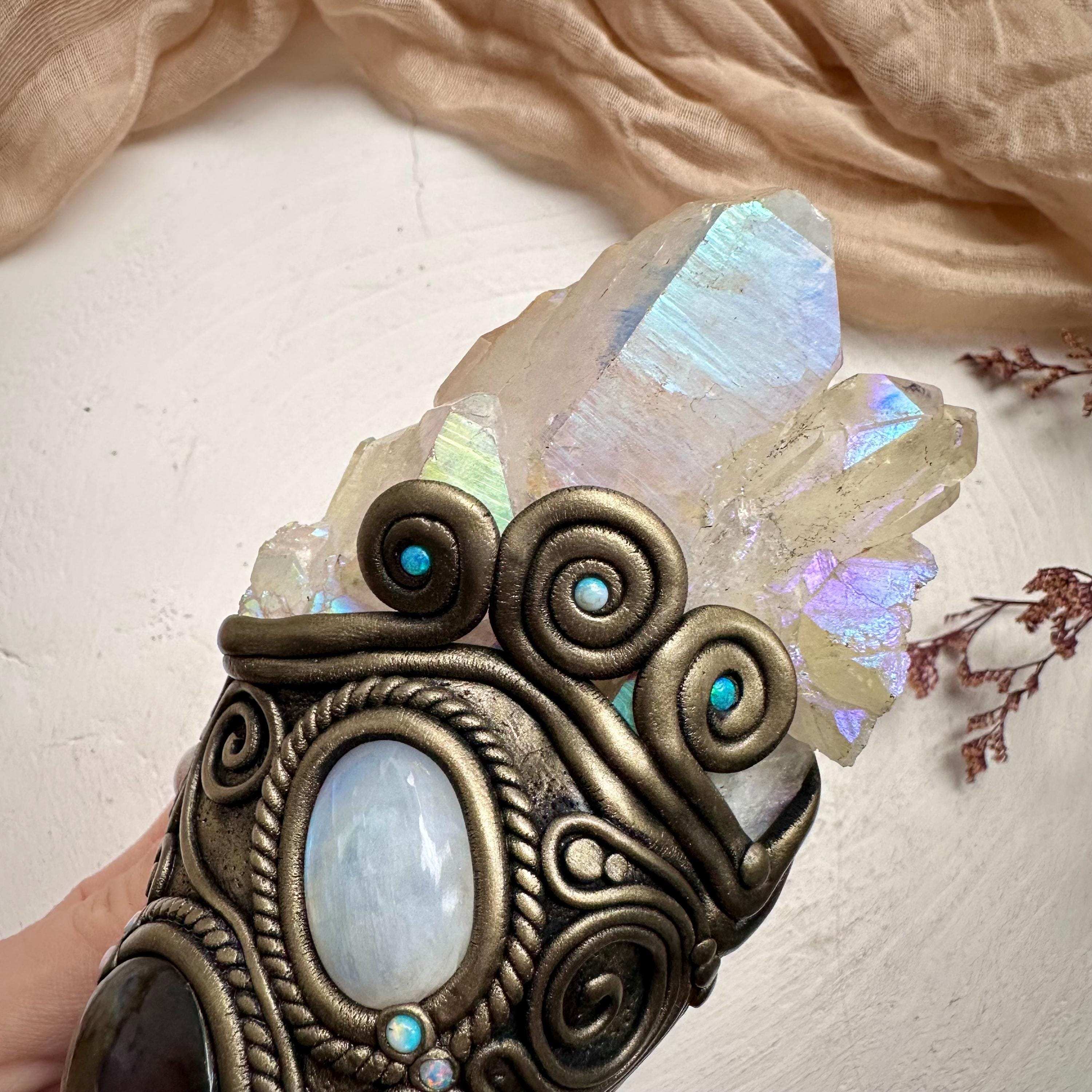 Aqua Aura Quartz Wand, Angel Aura Quartz Cluster Rainbow Moonstone Labradorite Australian Opal and Morganite Wand - FairyGardenGlow