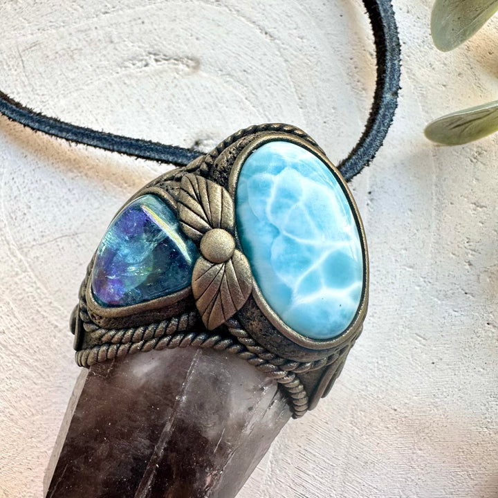 One of a kind calming crystal wand jewelry with larimar