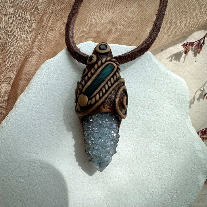 Aqua Aura Spirit Quartz Blue Tourmaline and Blue Sapphire Pendant - FairyGardenGlow