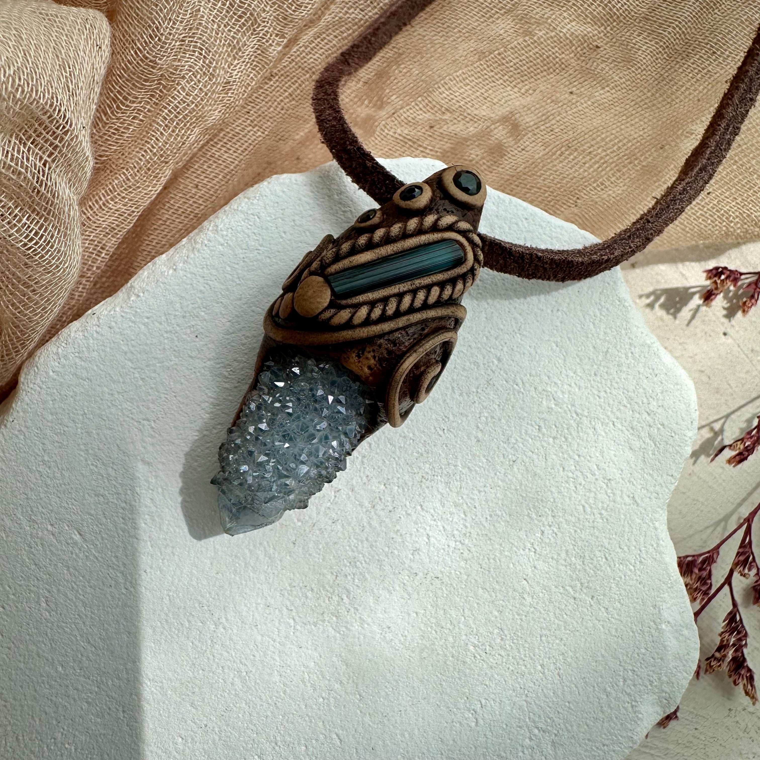 Aqua Aura Spirit Quartz Blue Tourmaline and Blue Sapphire Pendant - FairyGardenGlow