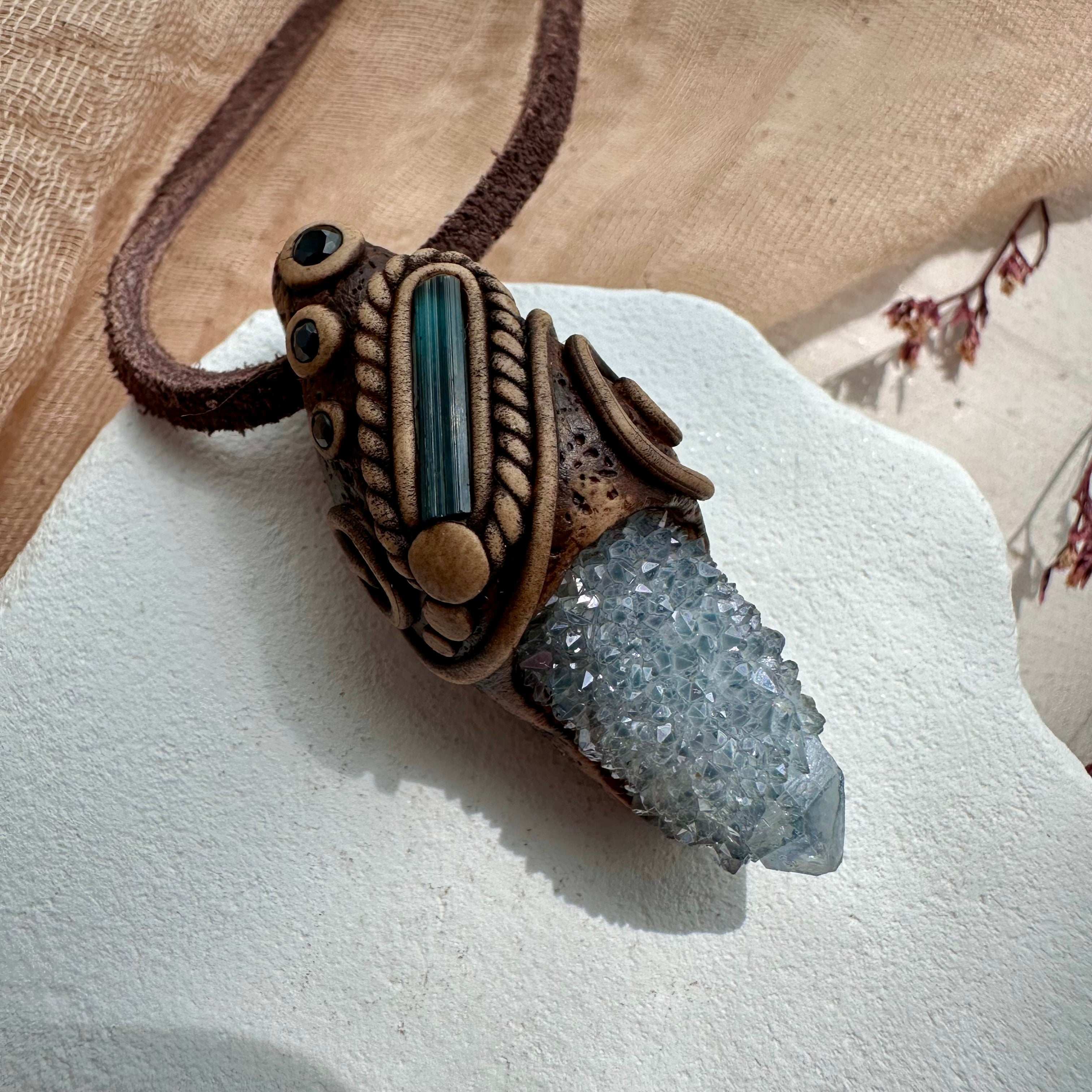 Aqua Aura Spirit Quartz Blue Tourmaline and Blue Sapphire Pendant - FairyGardenGlow