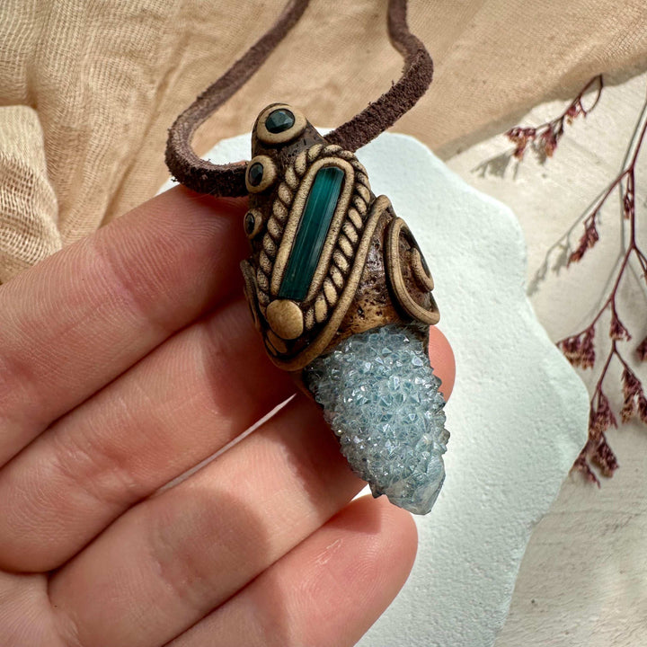 Aqua Aura Spirit Quartz Blue Tourmaline and Blue Sapphire Pendant - FairyGardenGlow