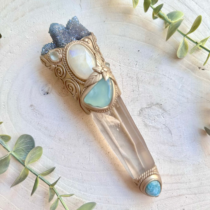 Handmade Lemurian Seed Quartz manifestation wand with natural healing gemstones for meditation and rituals
