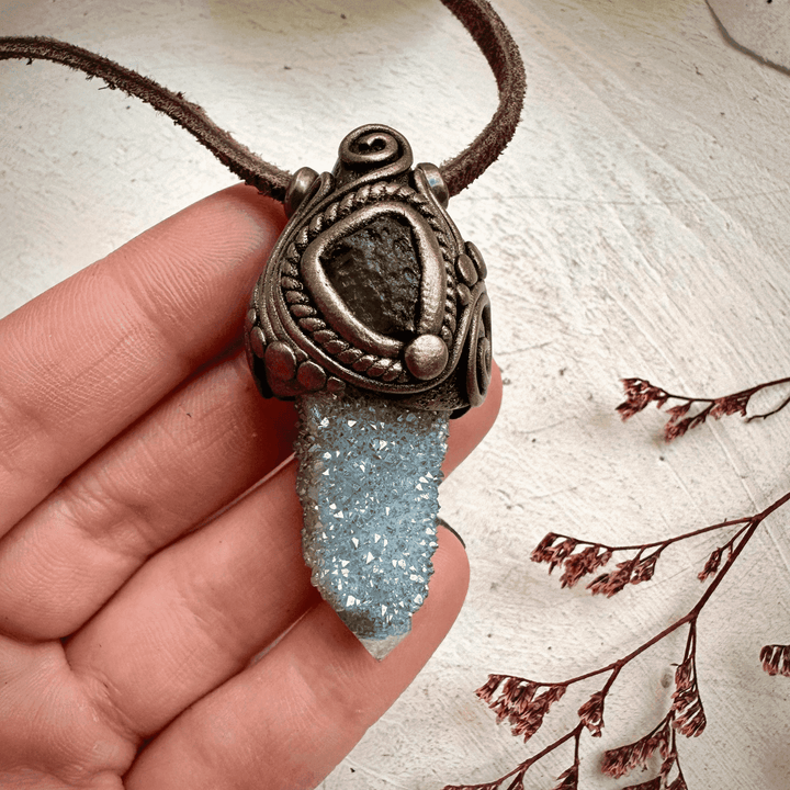 Aqua Aura Spirit Quartz and Moldavite Necklace - FairyGardenGlow