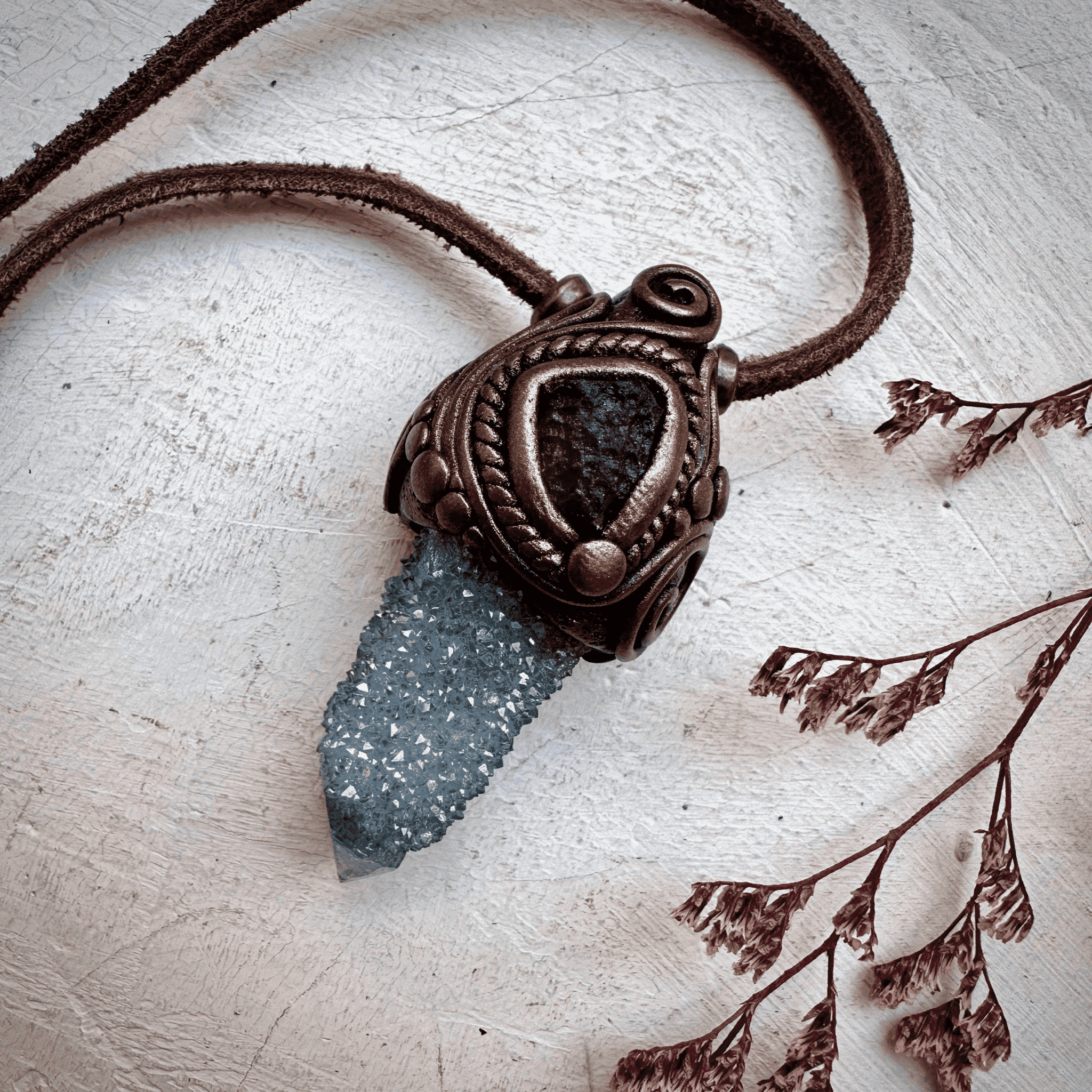 Aqua Aura Spirit Quartz and Moldavite Necklace - FairyGardenGlow