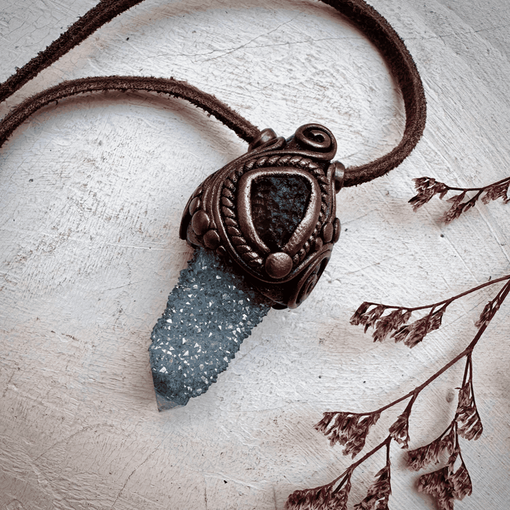 Aqua Aura Spirit Quartz and Moldavite Necklace - FairyGardenGlow