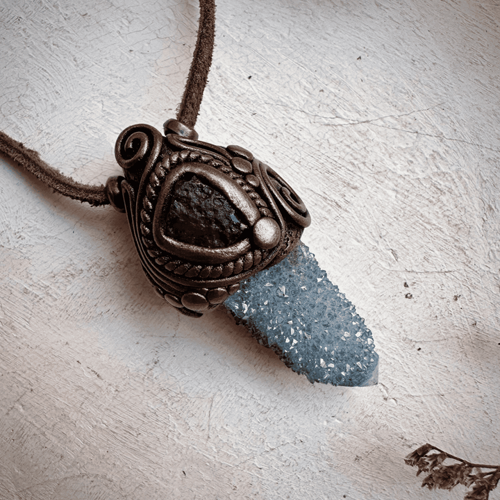 Aqua Aura Spirit Quartz and Moldavite Necklace - FairyGardenGlow