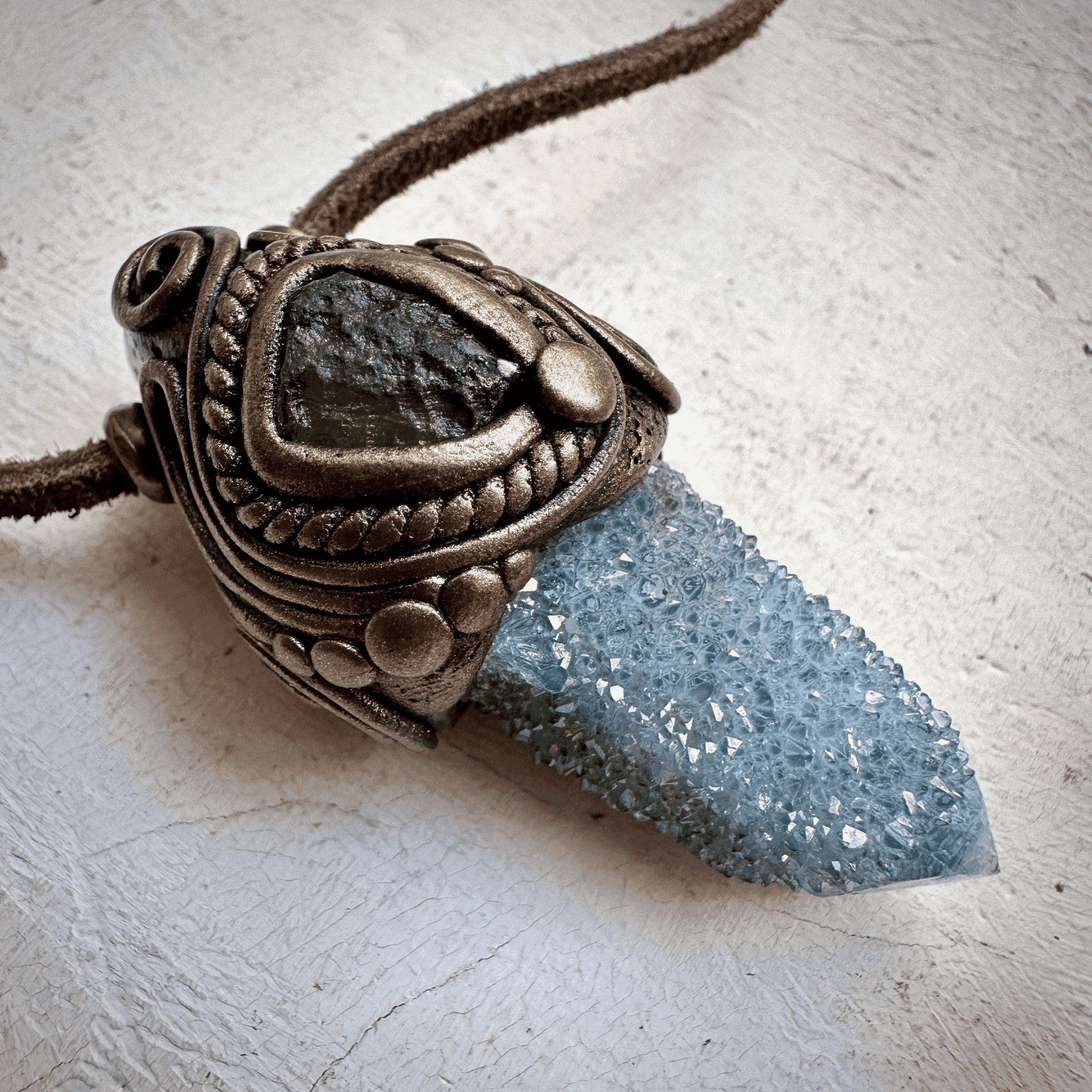 Aqua Aura Spirit Quartz and Moldavite Necklace - FairyGardenGlow