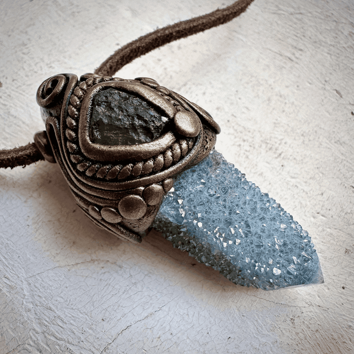 Aqua Aura Spirit Quartz and Moldavite Necklace - FairyGardenGlow