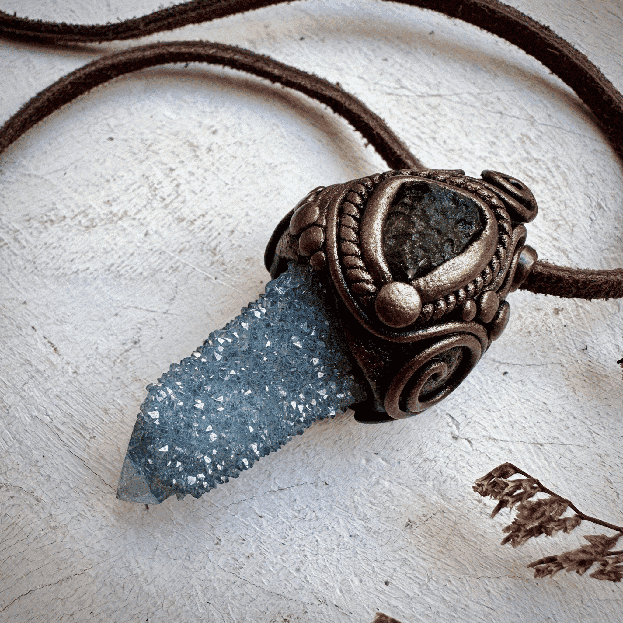 Aqua Aura Spirit Quartz and Moldavite Necklace - FairyGardenGlow