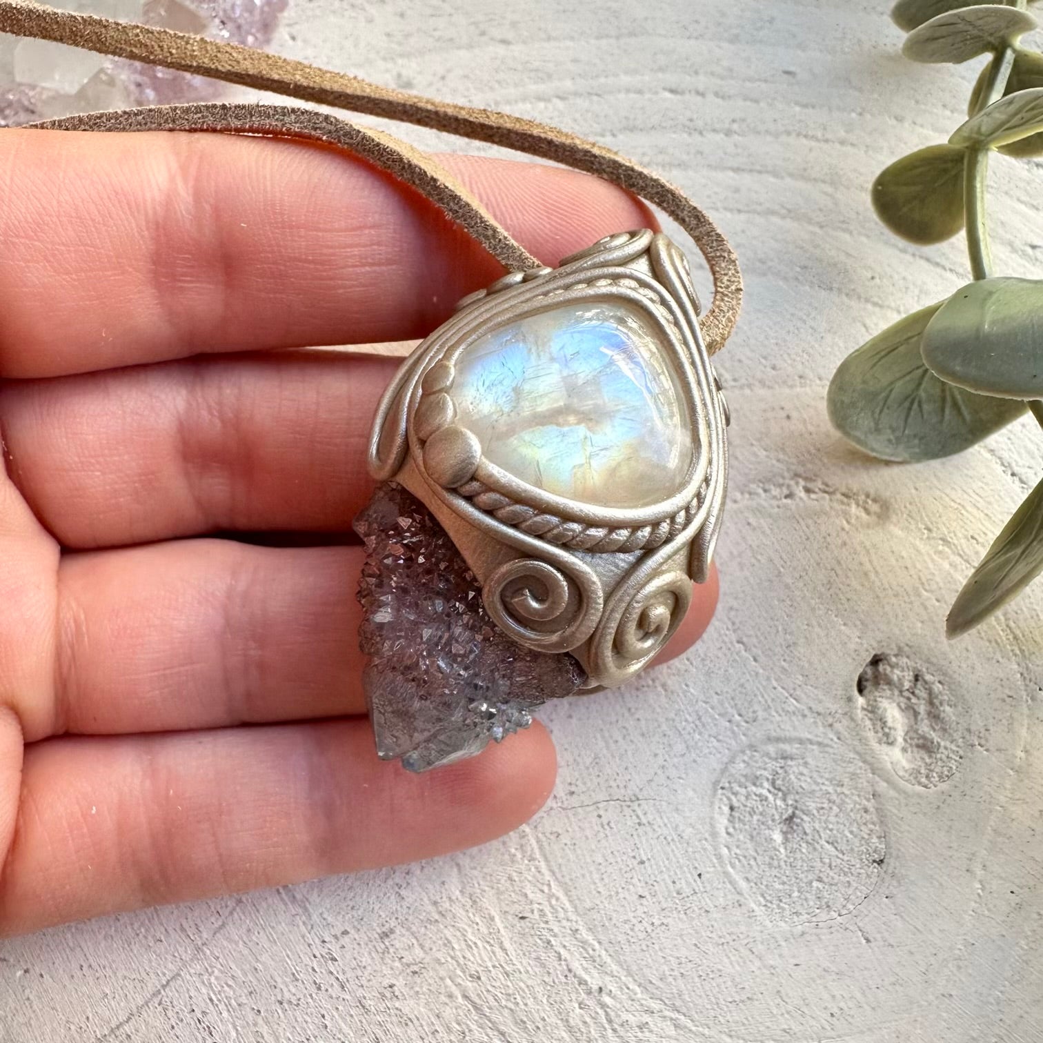 Aqua aura spirit quartz and rainbow moonstone pendant necklace