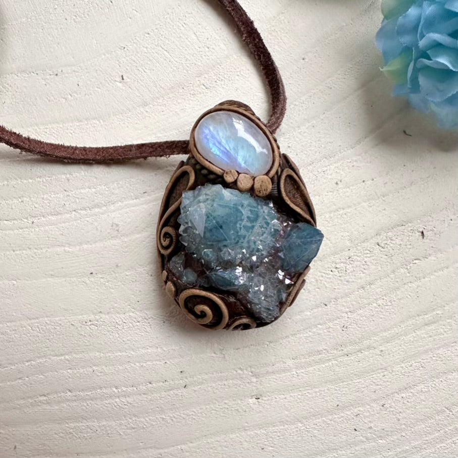 Aqua Aura Spirit Quartz cluster and Rainbow Moonstone pendant necklace – handmade crystal jewelry