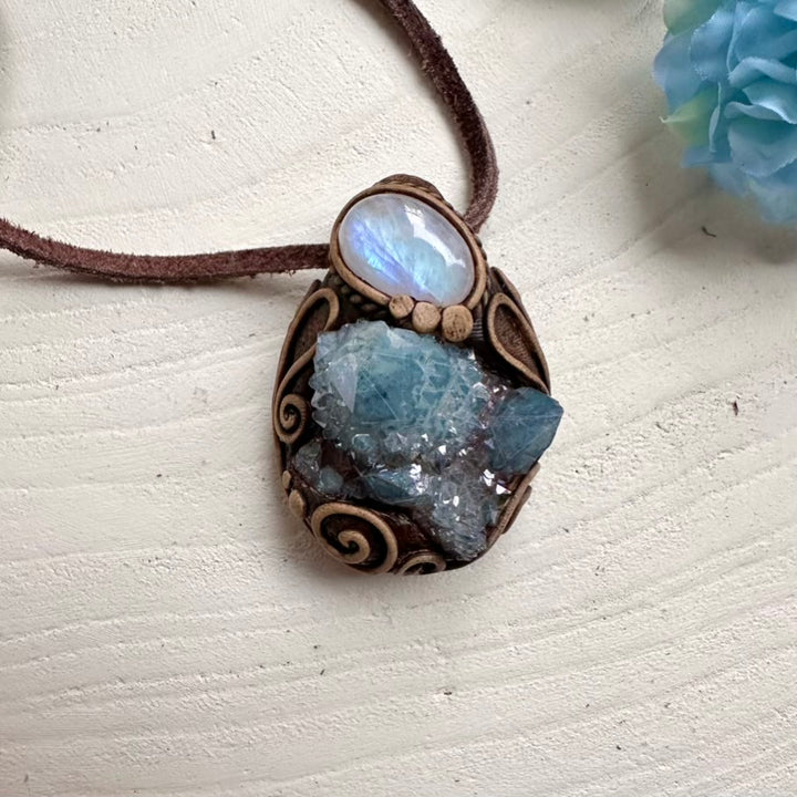 Aqua Aura Spirit Quartz cluster and Rainbow Moonstone pendant necklace – handmade crystal jewelry