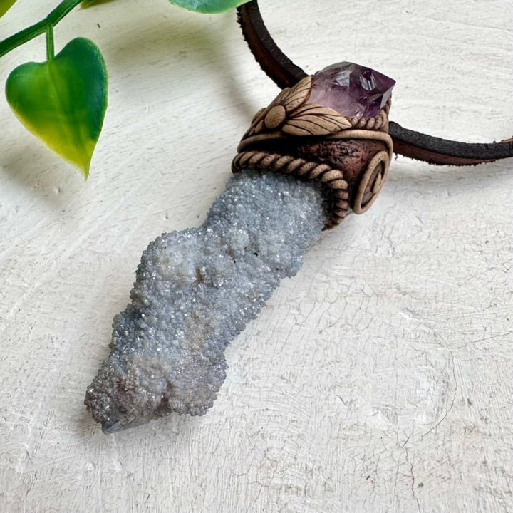 Aqua Aura Spirit Quartz and Raw Amethyst Pendant Necklace - FairyGardenGlow