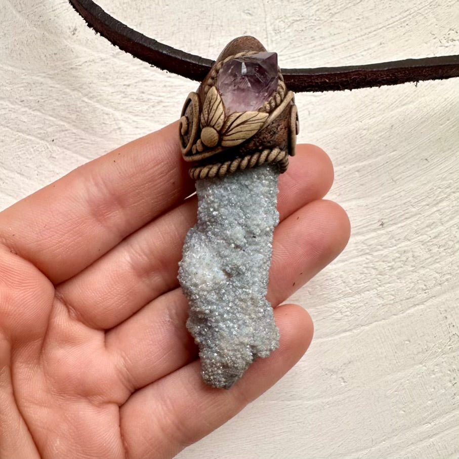 Aqua Aura Spirit Quartz and Raw Amethyst Pendant Necklace - FairyGardenGlow