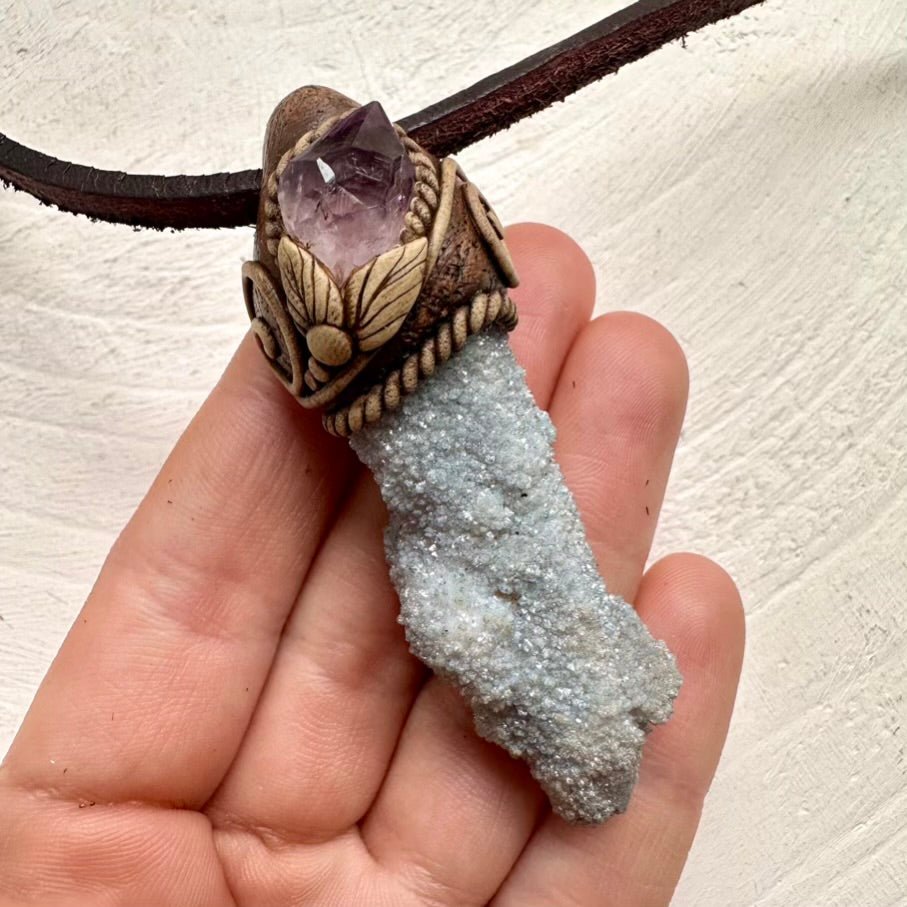 Aqua Aura Spirit Quartz and Raw Amethyst Pendant Necklace - FairyGardenGlow