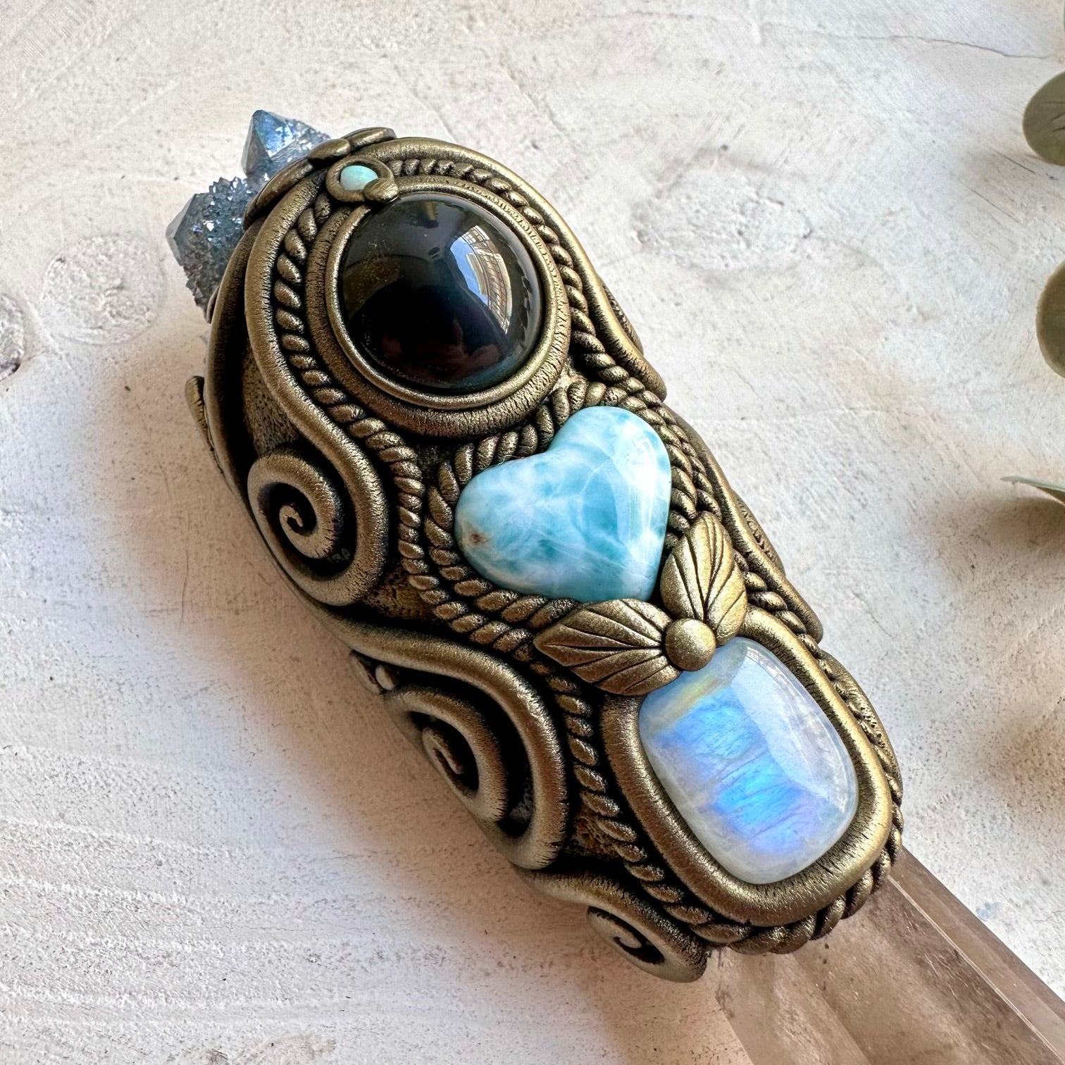 Smoky Quartz handmade crystal wand with Aqua Aura Spirit Quartz Cluster, Larimar Heart, Rainbow Obsidian, Rainbow Moonstone and Australian Opal, created as a Wiccan Pagan altar tool.