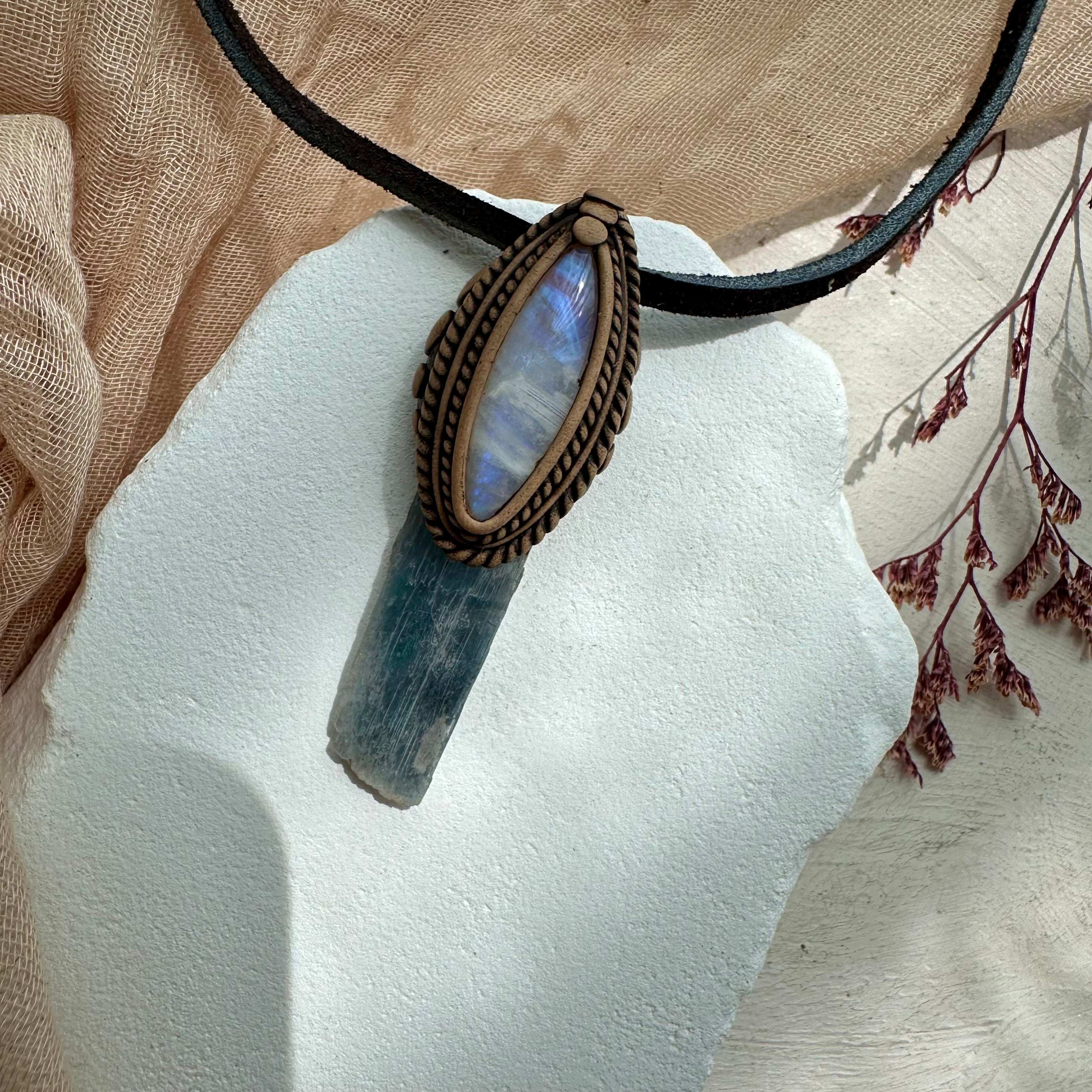 Aqua Aura Kunzite and Moonstone Necklace - FairyGardenGlow