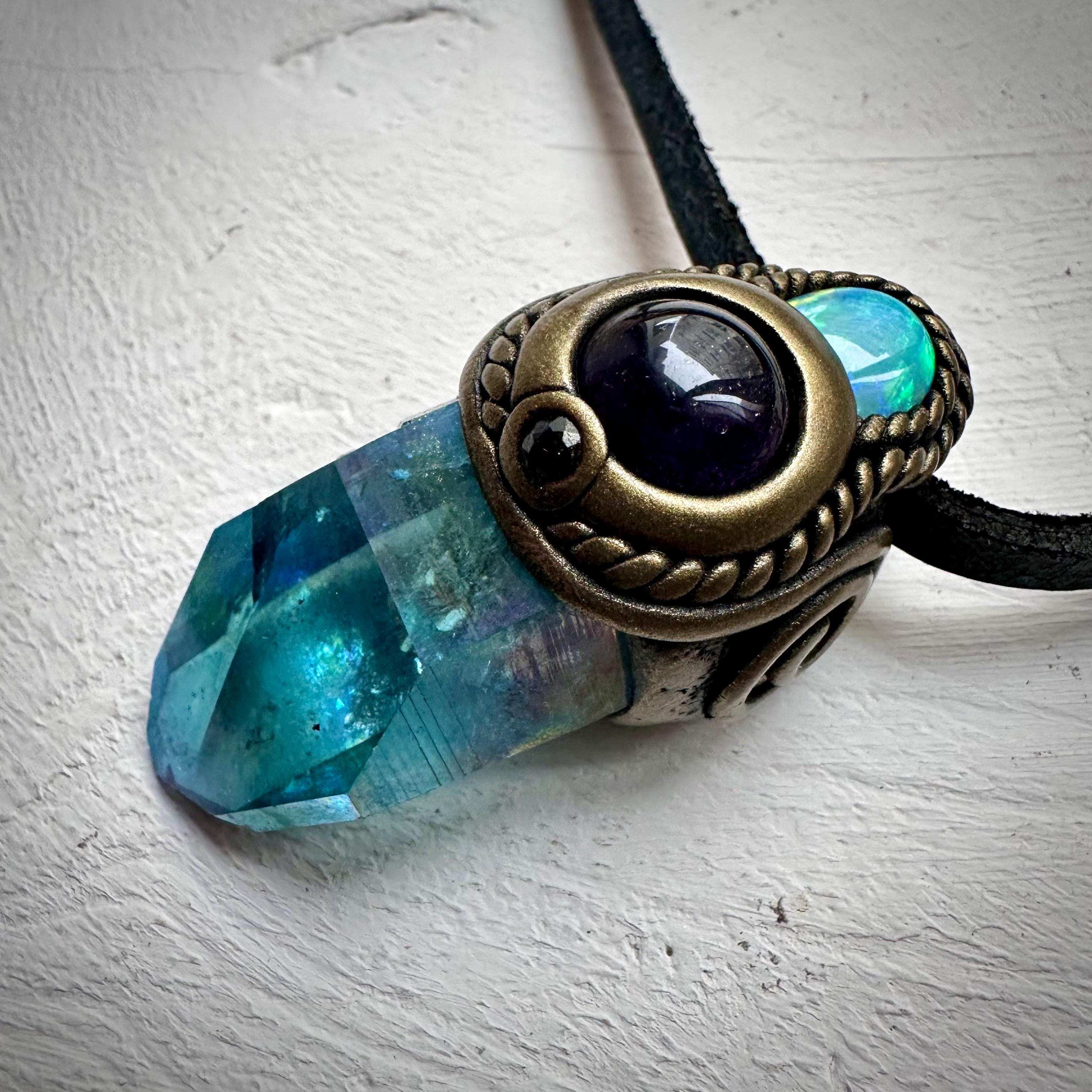 Aqua Aura Quartz Amethyst Australian Opal and Blue Sapphire Necklace - FairyGardenGlow