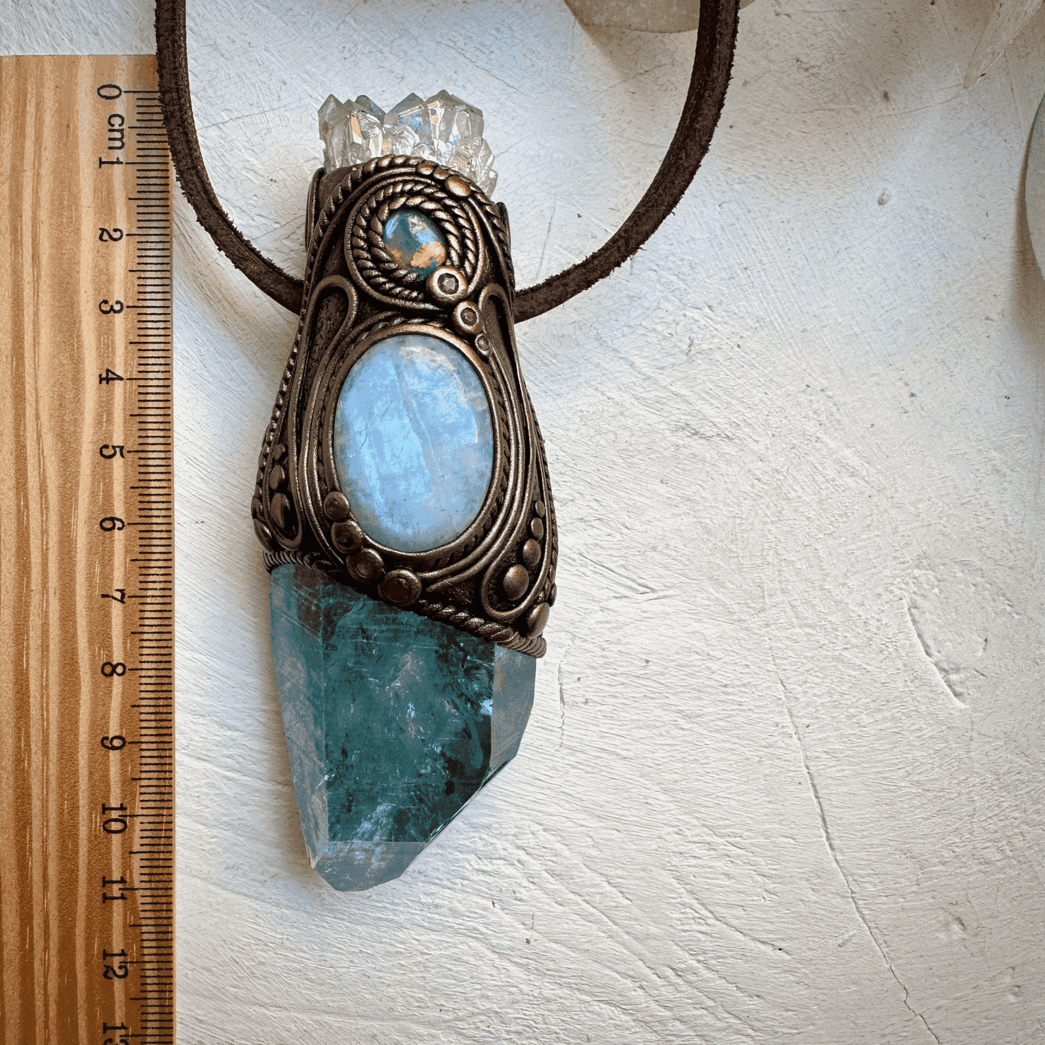 Aqua Aura Quartz with Angel Aura Amethyst Rainbow Moonstone Australian Opal Triplet and Ruby Wand / Pendant - FairyGardenGlow