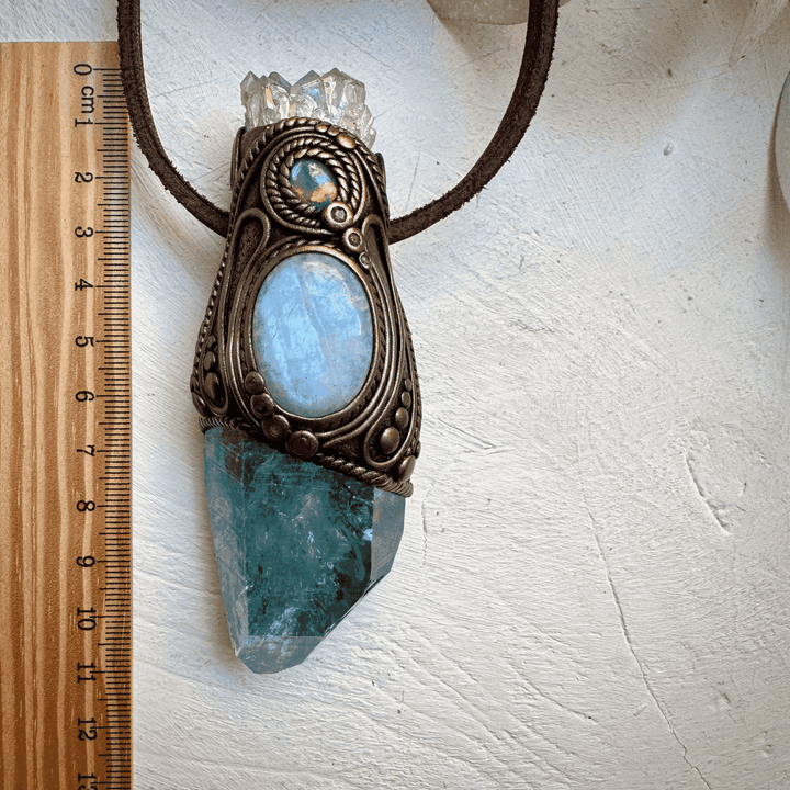 Aqua Aura Quartz with Angel Aura Amethyst Rainbow Moonstone Australian Opal Triplet and Ruby Wand / Pendant - FairyGardenGlow