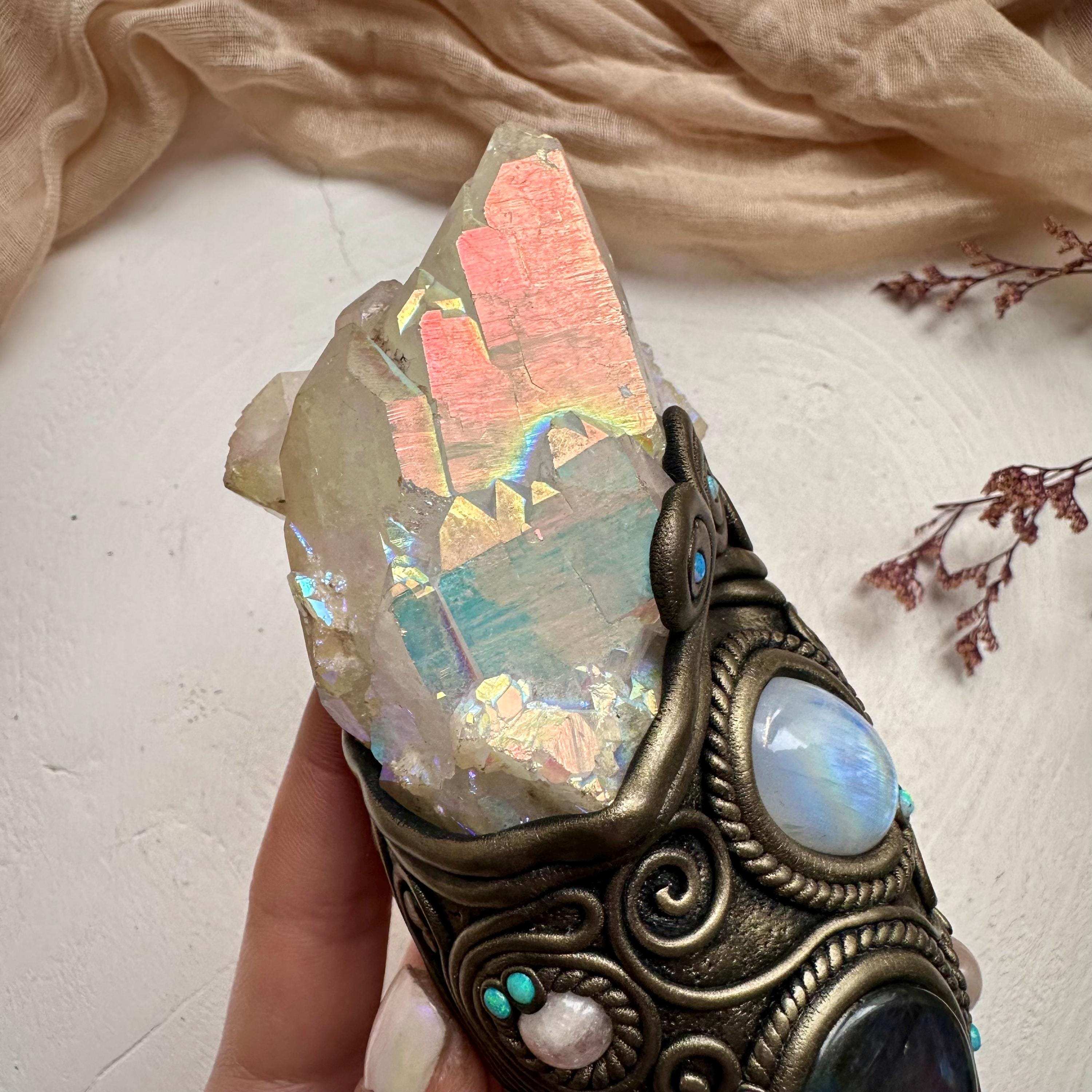 Aqua Aura Quartz Wand, Angel Aura Quartz Cluster Rainbow Moonstone Labradorite Australian Opal and Morganite Wand - FairyGardenGlow