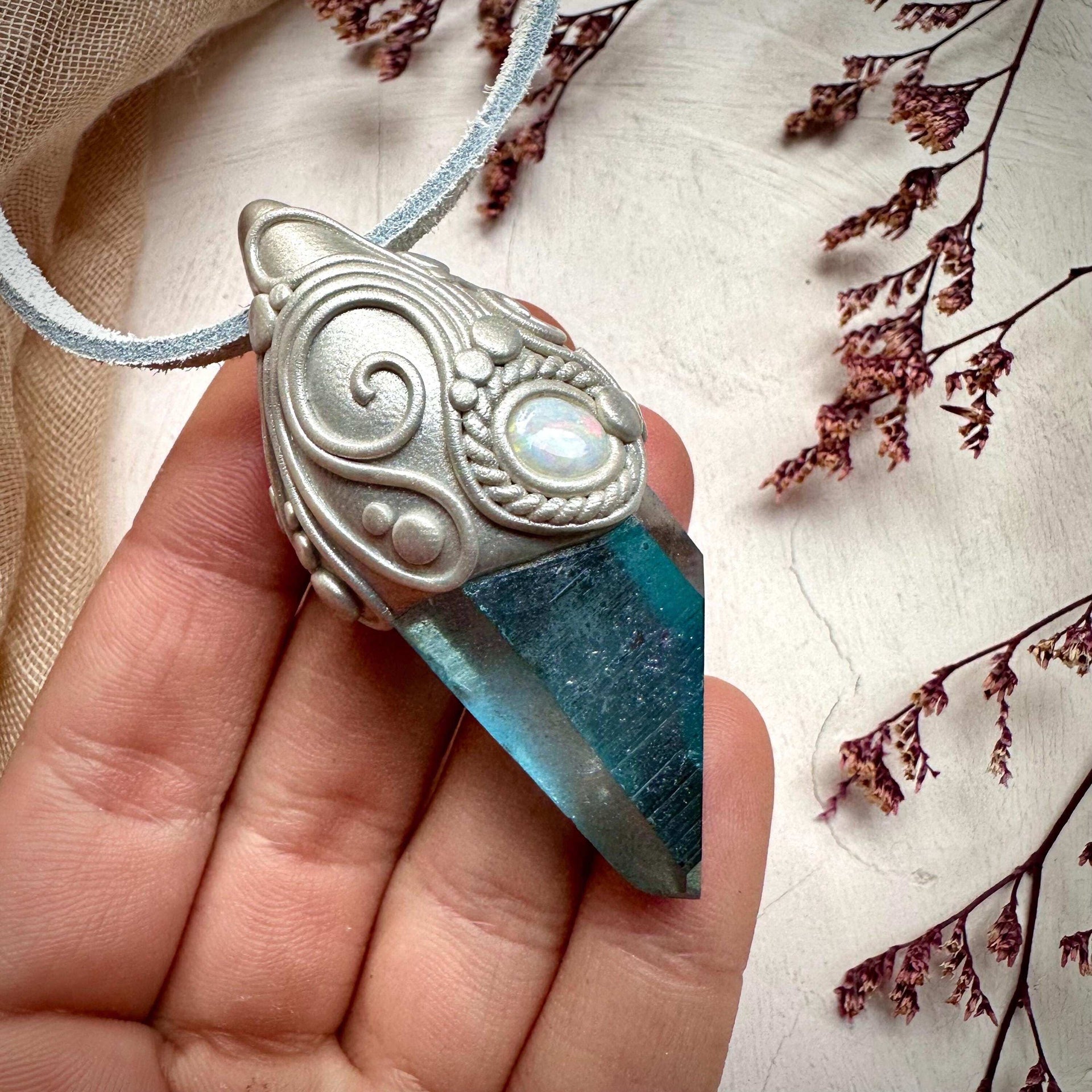 Aqua Aura Quartz and Australian Opal Pendant Necklace - FairyGardenGlow