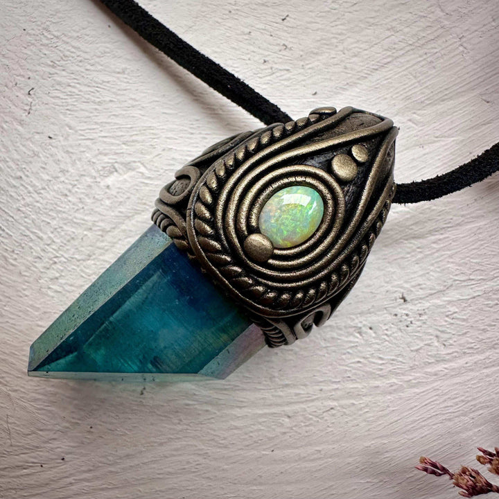 Aqua Aura Quartz and Australian Opal Necklace - FairyGardenGlow